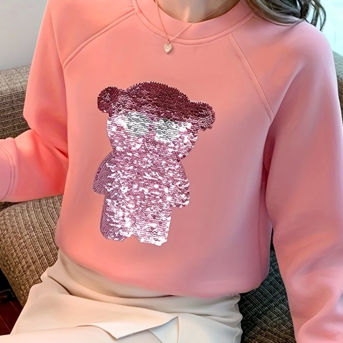 Sequined Bear Pattern Pullover Sweatshirt, Casual Long Sleeve Crew Neck Sweatshirt For Fall & Winter, Women's Clothing