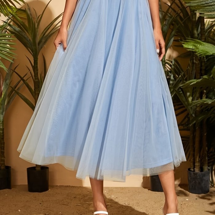 Solid High Waist Tiered Mesh Skirt, Elegant Flared Midi Skirt, Women's Clothing