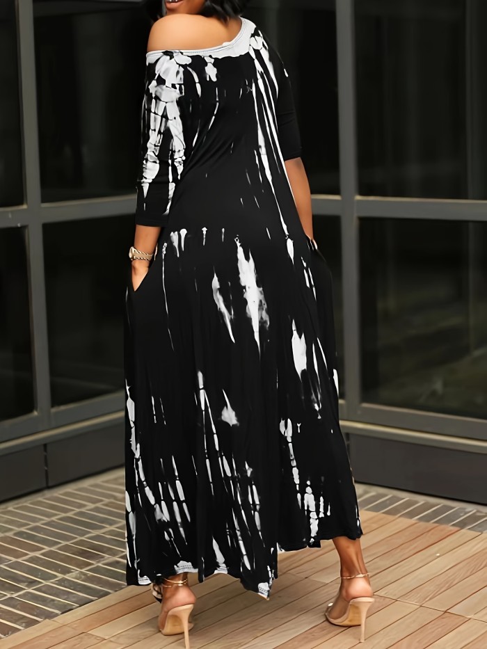 Plus Size Tie Dye Long Sleeve Round Neck Maxi Dress, Women's Plus Slight Stretch Casual Long Dress