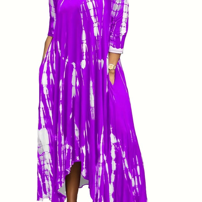 Plus Size Tie Dye Long Sleeve Round Neck Maxi Dress, Women's Plus Slight Stretch Casual Long Dress