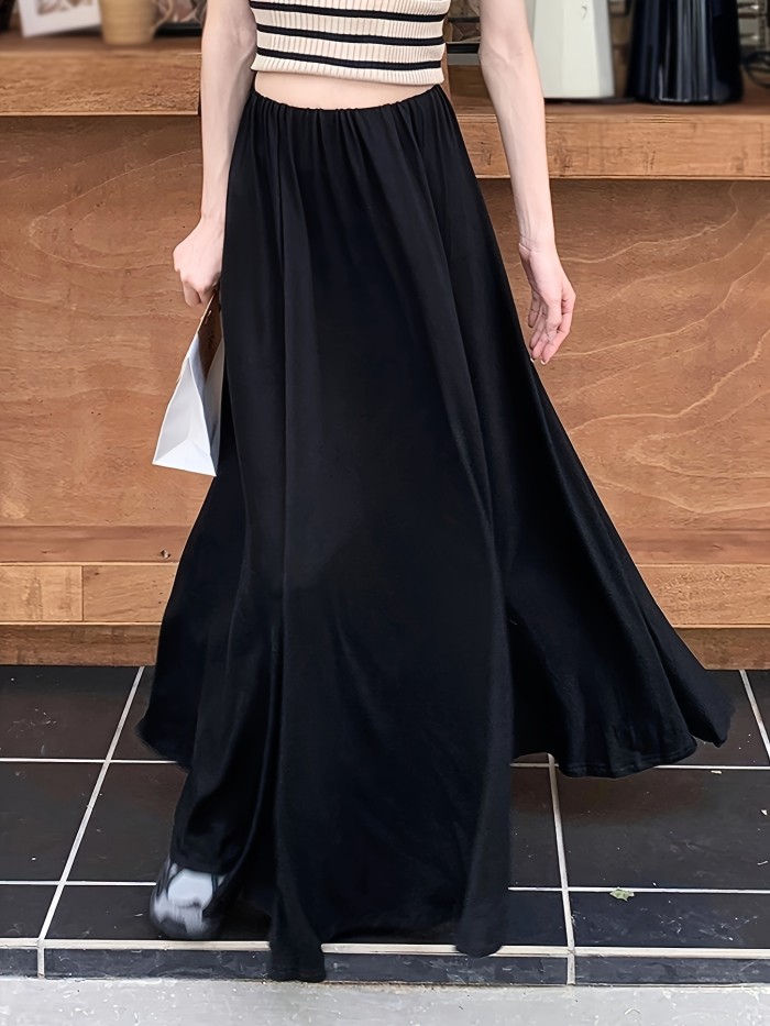 Solid Elastic Waist Skirt, Casual Simple High Waist Maxi Skirt, Women's Clothing