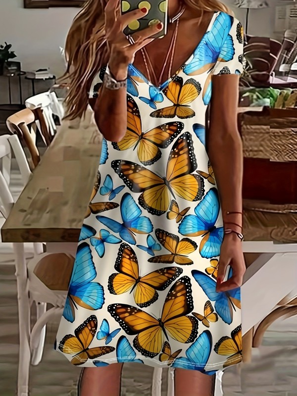 Butterfly Print V Neck Dress, Elegant Short Sleeve Dress For Spring & Summer, Women's Clothing