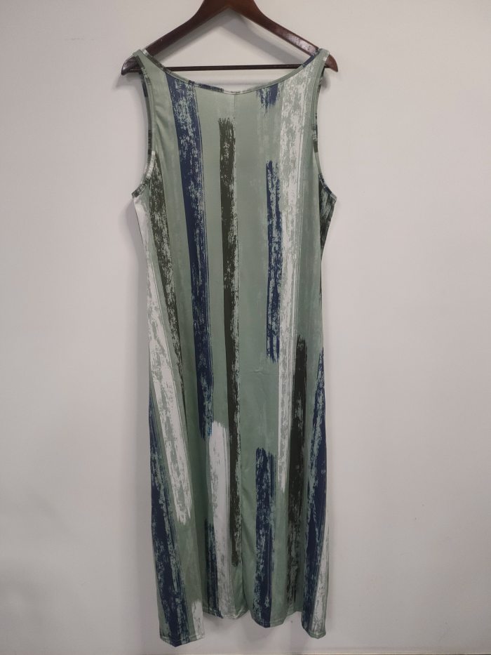 Plus Size Casual Dress, Women's Plus Painting Print Round Neck Slight Stretch Maxi Tank Dress