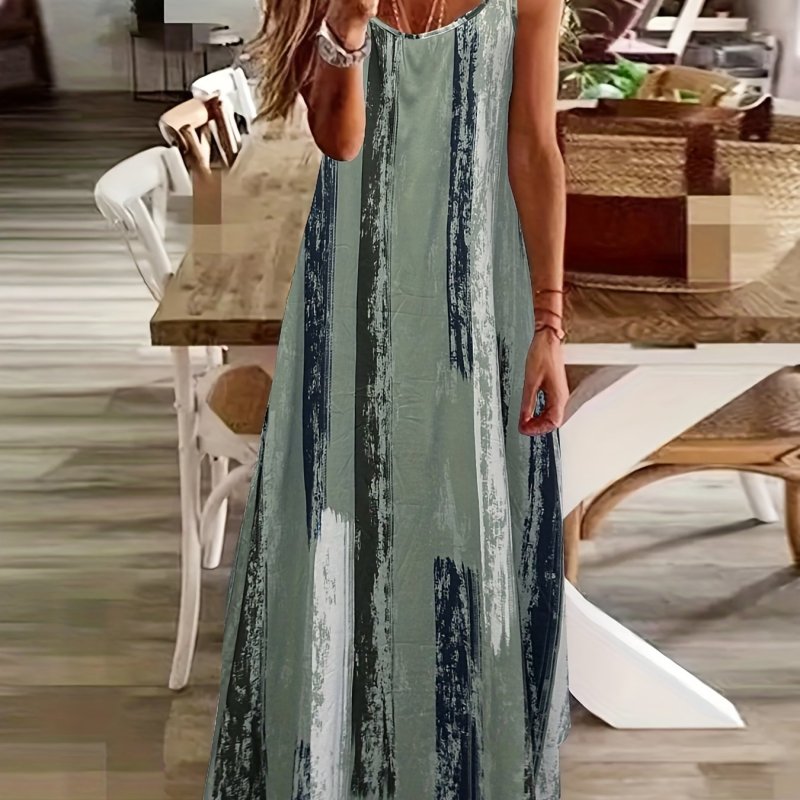 Plus Size Casual Dress, Women's Plus Painting Print Round Neck Slight Stretch Maxi Tank Dress