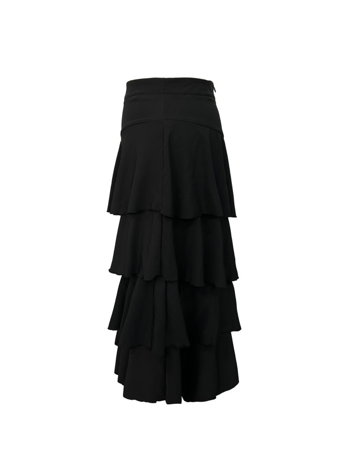 Plus Size Layered Ruffle Trim Solid Skirt, Casual High Waist Midi Skirt, Women's Plus Size Clothing