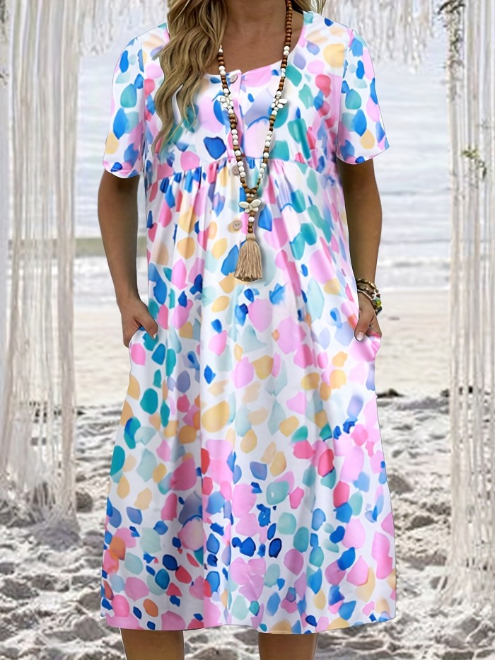 Plus Size Elegant Dress, Women's Plus Painting Print Short Sleeve Button Up Notched Neck Tee Dress With Pockets