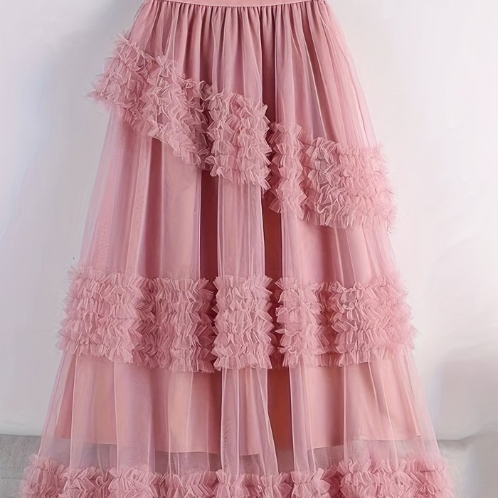 Mesh Overlay Elastic Waist Tiered Skirt, Elegant Ruffle Decor A-line Skirt For Spring & Summer, Women's Clothing