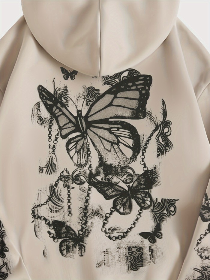 Butterfly Print Kangaroo Pocket Hoodie, Casual Long Sleeve Drawstring Hoodies Sweatshirt, Women's Clothing