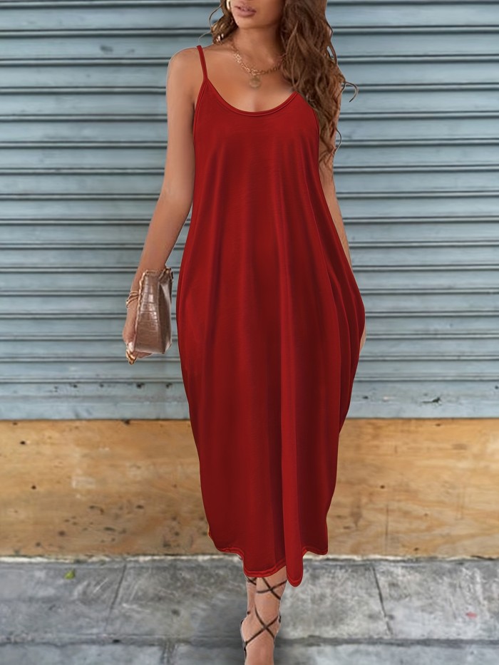 Deep V Neck Cami Dress With Pocket, Solid Casual Every Day Dress For Spring & Summer, Women's Clothing
