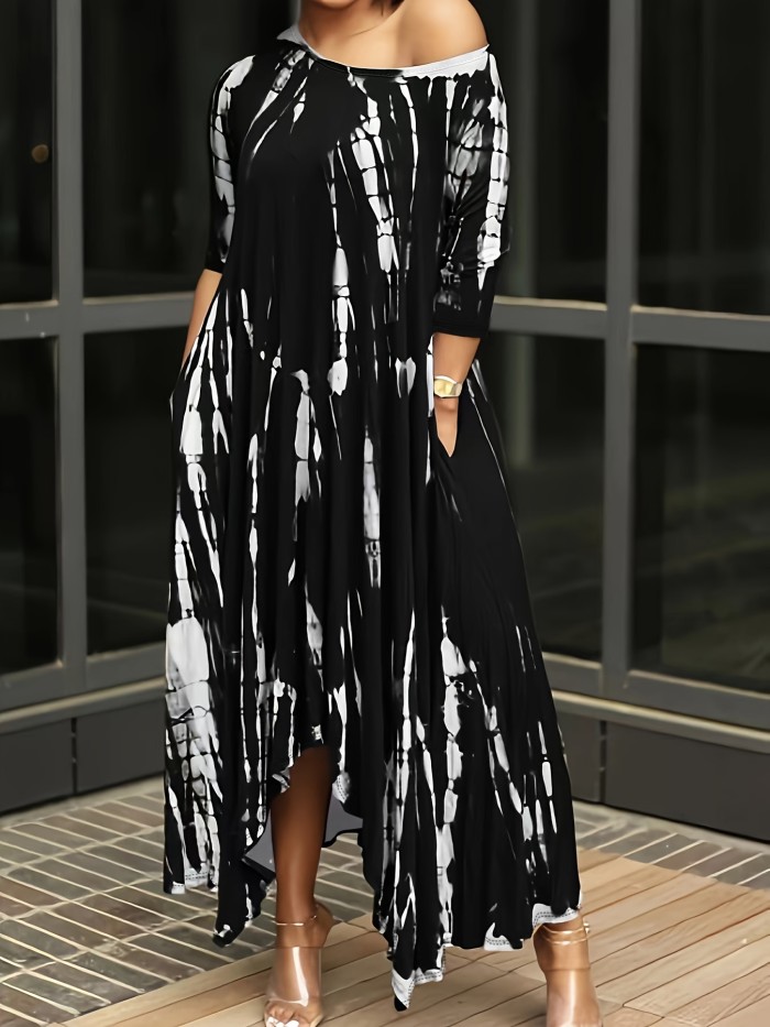 Plus Size Tie Dye Long Sleeve Round Neck Maxi Dress, Women's Plus Slight Stretch Casual Long Dress