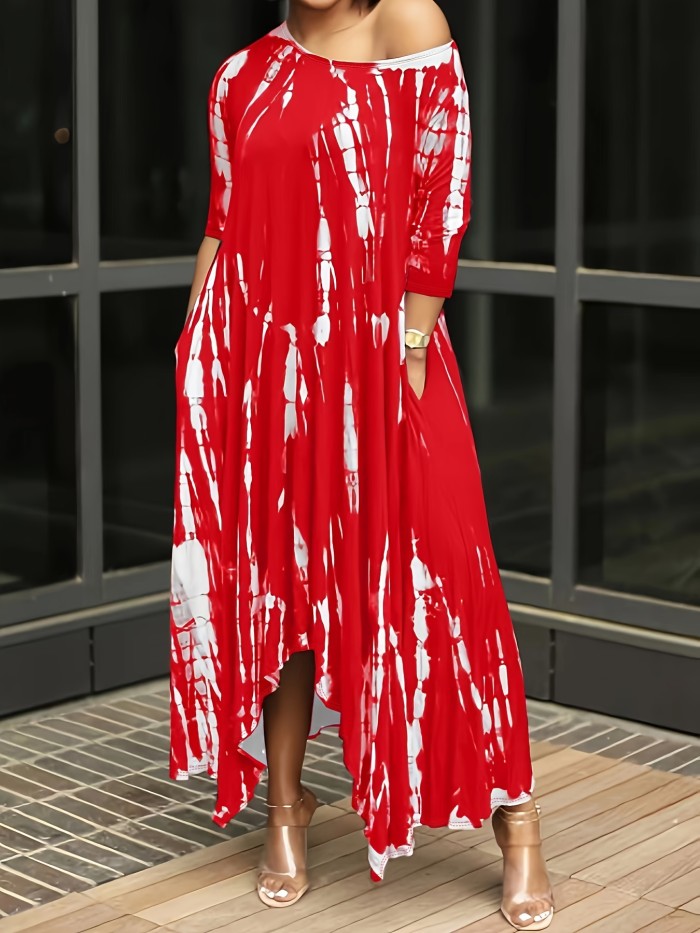 Plus Size Tie Dye Long Sleeve Round Neck Maxi Dress, Women's Plus Slight Stretch Casual Long Dress