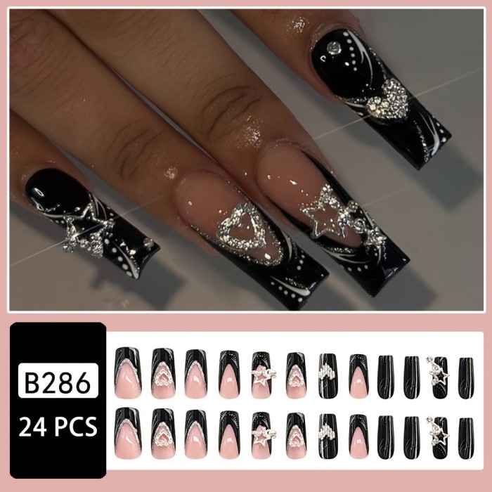 24pcs Long Square Fake Nails, Glossy Black French Tip Press On Nails With Heart Star Rhinestone Design, Sweet Cool Full Cover False Nails For Women Girls
