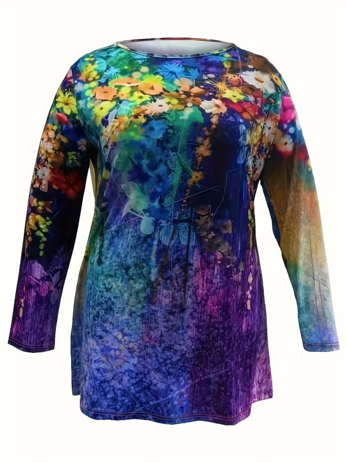 Plus Size Casual Dress, Women's Plus Floral Painting Print Long Sleeve Round Neck Tee Dress