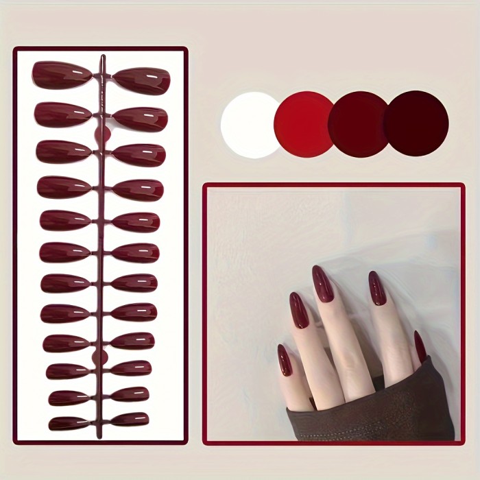 Solid Color Press On Nails - Pure Color Fake Nails - Glossy Medium Almond False Nails For Women Girls, Multicolor Optional