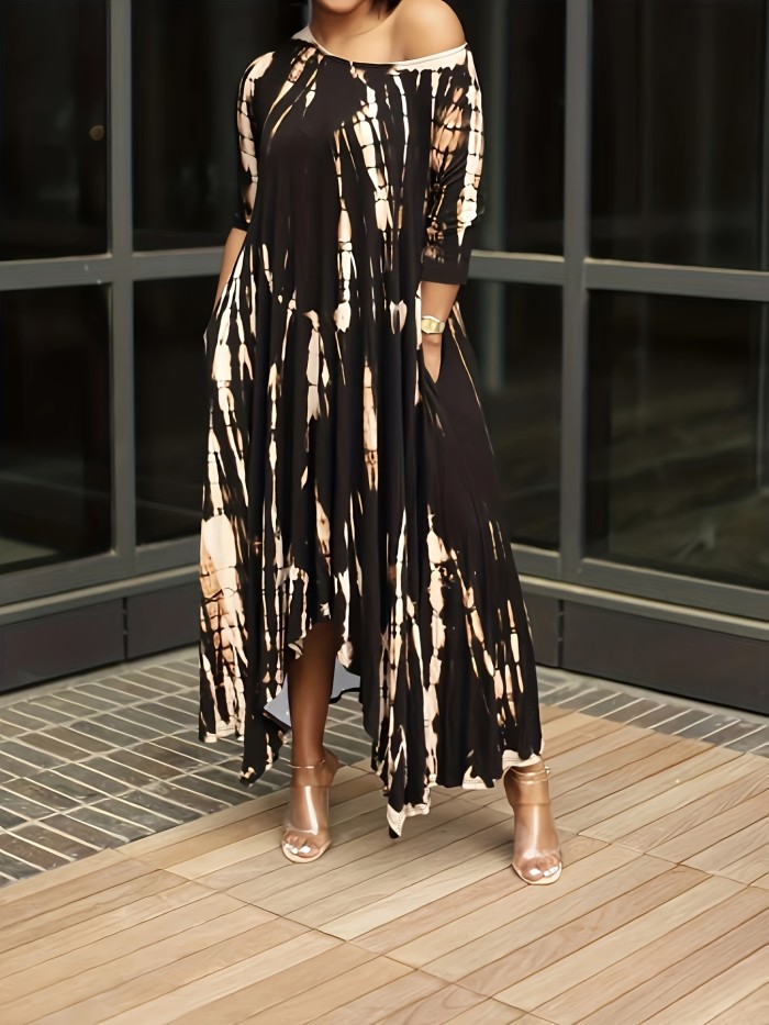 Plus Size Tie Dye Long Sleeve Round Neck Maxi Dress, Women's Plus Slight Stretch Casual Long Dress