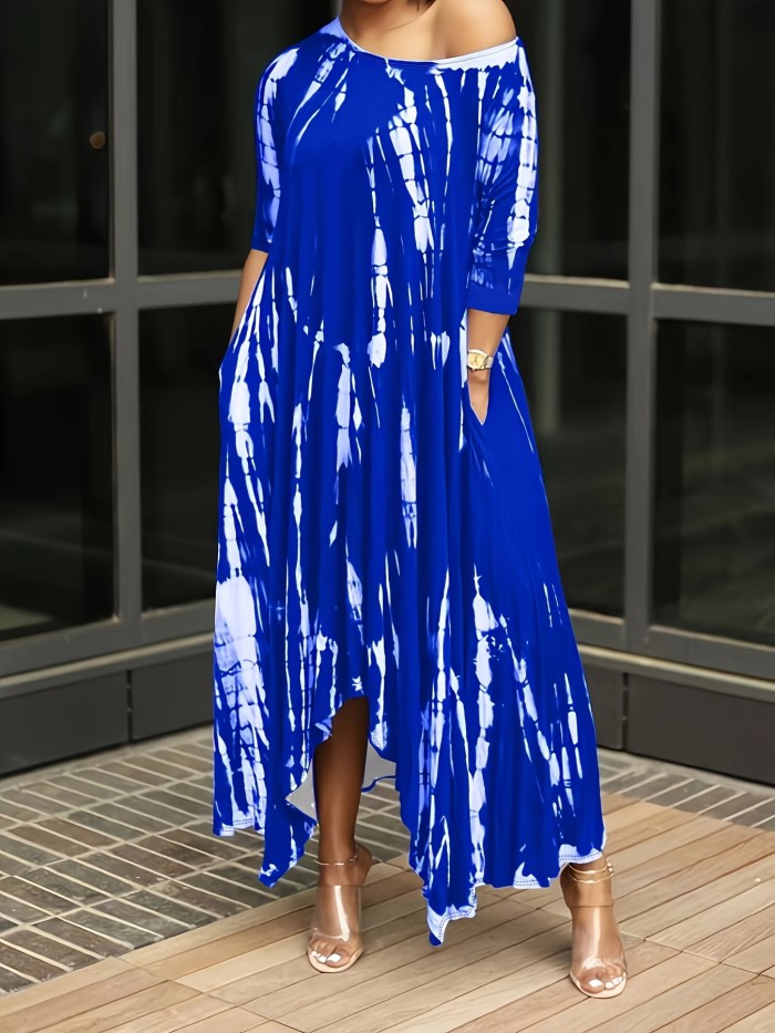 Plus Size Tie Dye Long Sleeve Round Neck Maxi Dress, Women's Plus Slight Stretch Casual Long Dress