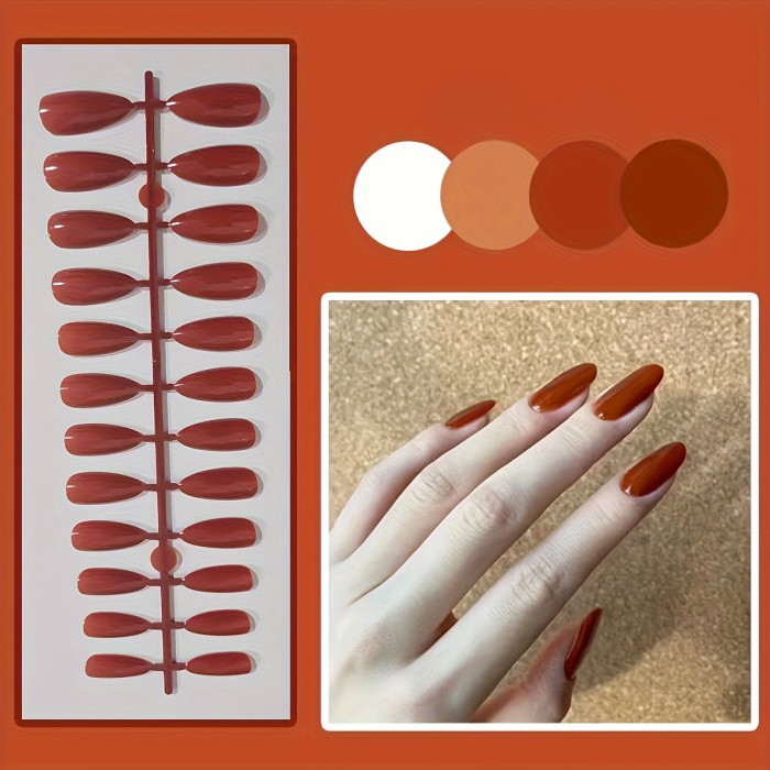 Solid Color Press On Nails - Pure Color Fake Nails - Glossy Medium Almond False Nails For Women Girls, Multicolor Optional