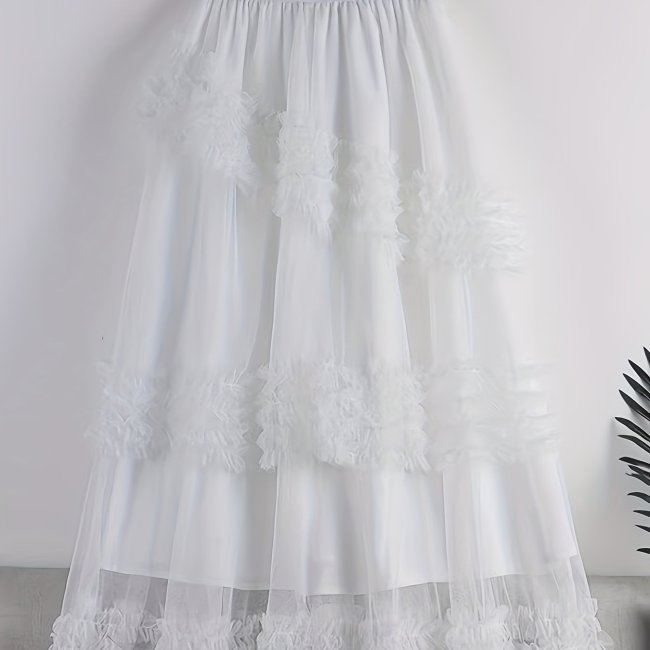 Solid Color Elastic Waist Irregular Ruffled Hemline Mesh Skirts main image 1