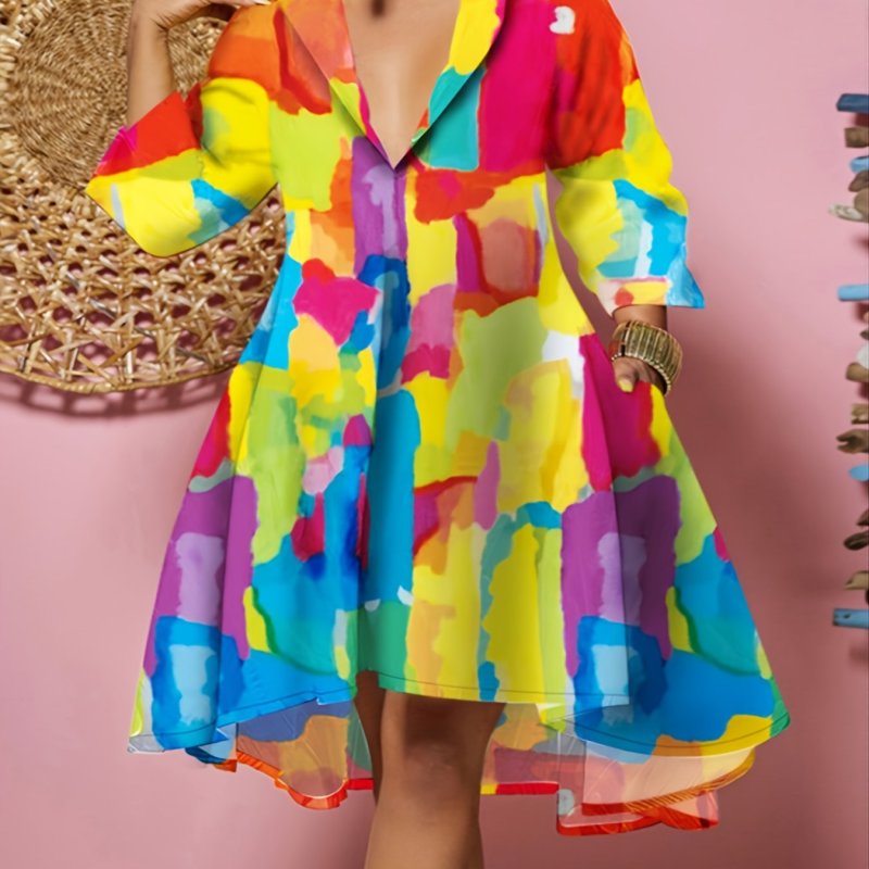 Plus Size Painting Color Print V Neck Midi Dress, Women's Plus Slight Stretch Party Dress