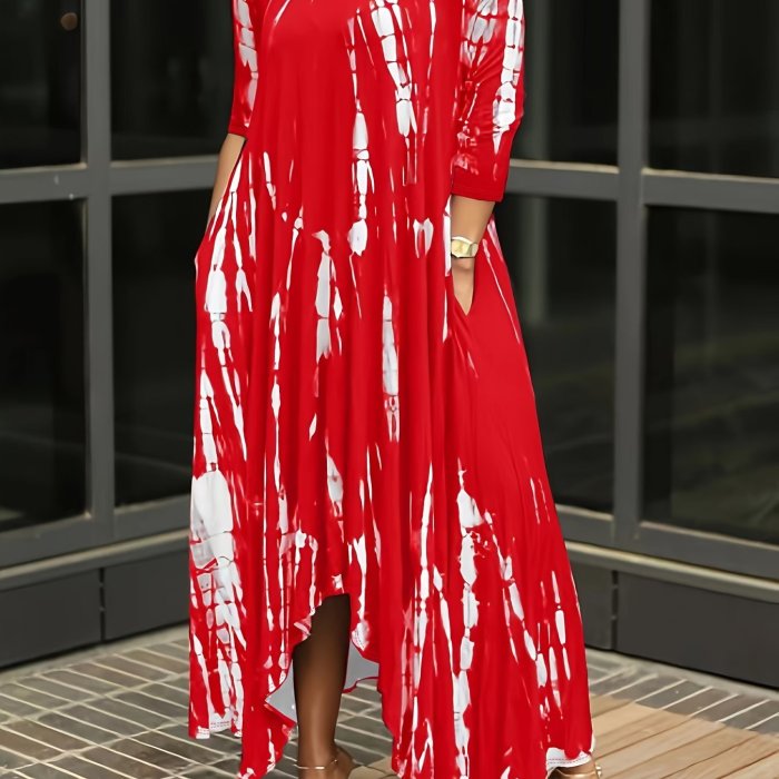 Plus Size Tie Dye Long Sleeve Round Neck Maxi Dress, Women's Plus Slight Stretch Casual Long Dress