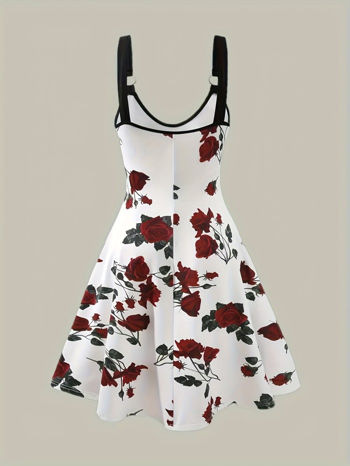 Plus Size Floral Print Dress, Casual V Neck Sleeveless Suspender Dress For Summer, Women's Plus Size Clothing