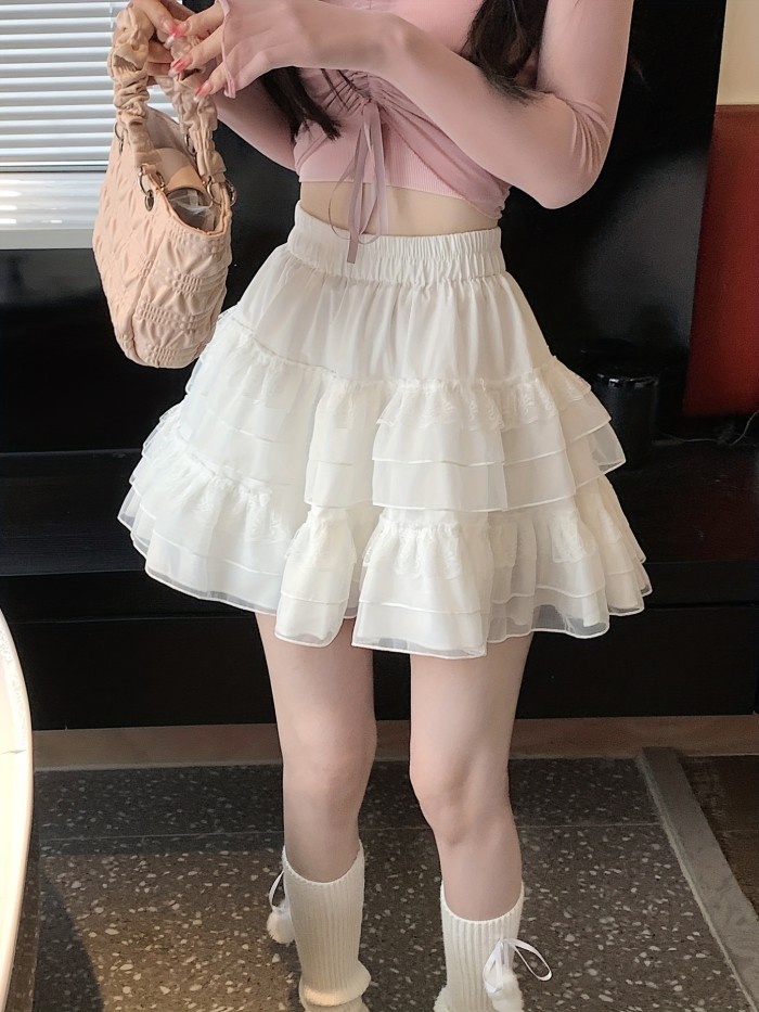 Kawaii Lace Decor Tiered Mini Skirt, Elastic Waist Skirt For Spring & Summer, Women's Clothing