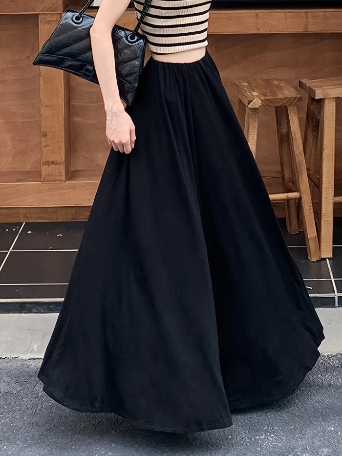 Solid Elastic Waist Skirt, Casual Simple High Waist Maxi Skirt, Women's Clothing