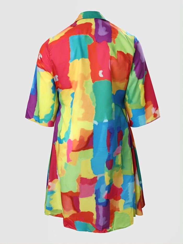 Plus Size Painting Color Print V Neck Midi Dress, Women's Plus Slight Stretch Party Dress