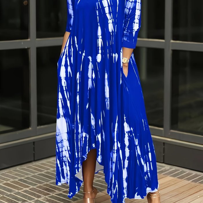 Plus Size Tie Dye Long Sleeve Round Neck Maxi Dress, Women's Plus Slight Stretch Casual Long Dress