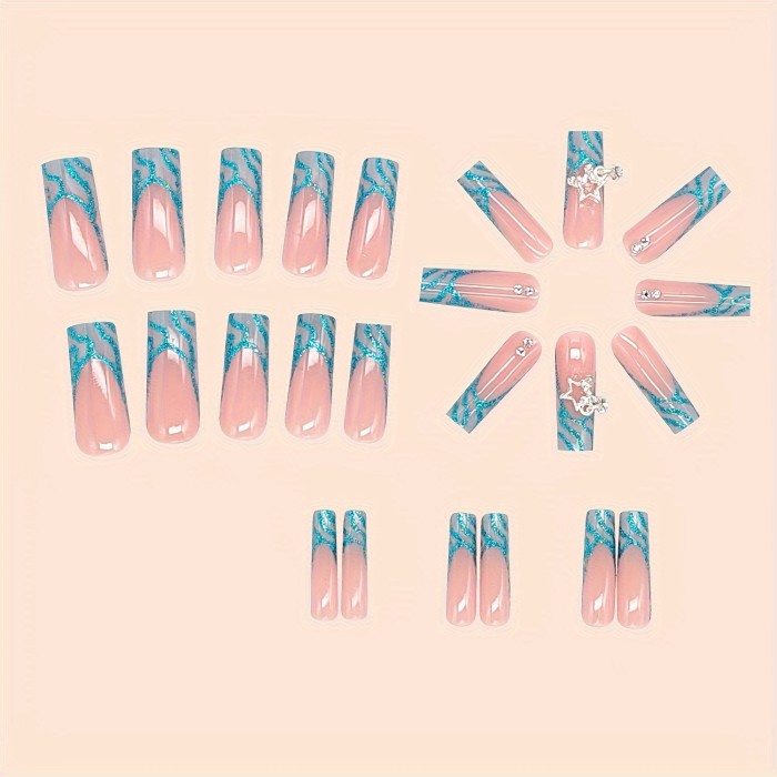 24 Pcs Square Press On Nails Long Ballerina Fake Nails With 3D Star And Rhinestone Design Glossy Glue On Nails Glitter Blue French Artificial Acrylic Nails Stick On False Nails, Jelly Glue And Nail File Included