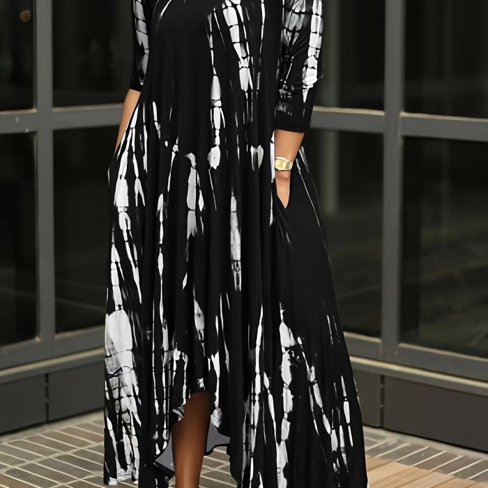 Plus Size Tie Dye Long Sleeve Round Neck Maxi Dress, Women's Plus Slight Stretch Casual Long Dress