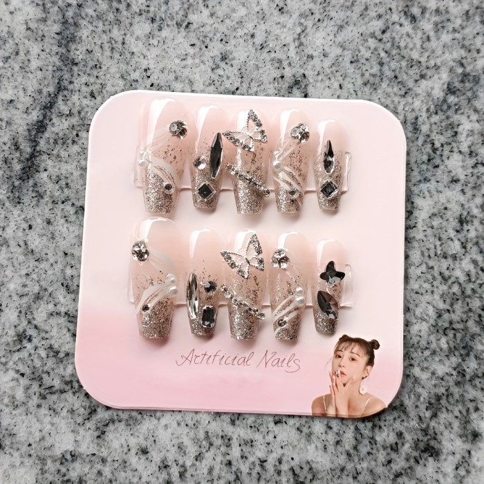 24 Pcs Handmade Glossy Long Coffin Press On Nails Pinkish French Style False Nails With 3D Butterfly And Rhinestone Design Glitter Reusable Fake Nails For Women Girls Valentine's Day Nail Decor