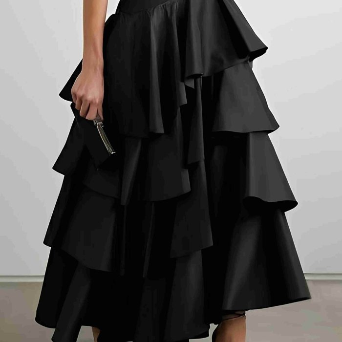 Plus Size Layered Ruffle Trim Solid Skirt, Casual High Waist Midi Skirt, Women's Plus Size Clothing