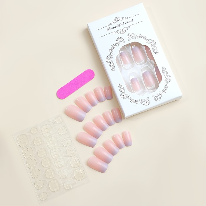 24pcs\u002Fset Pinkish And Grey Gradient Press On Nails, Glossy Medium Square Fake Nails, Simple Style False Nails For Women Girls