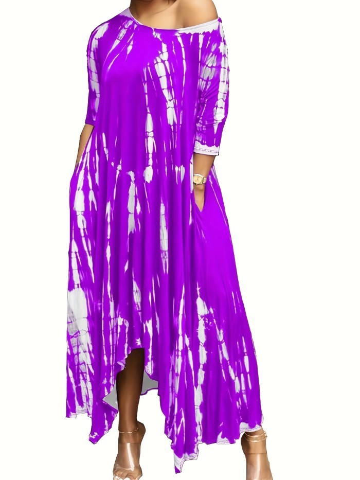 Plus Size Tie Dye Long Sleeve Round Neck Maxi Dress, Women's Plus Slight Stretch Casual Long Dress