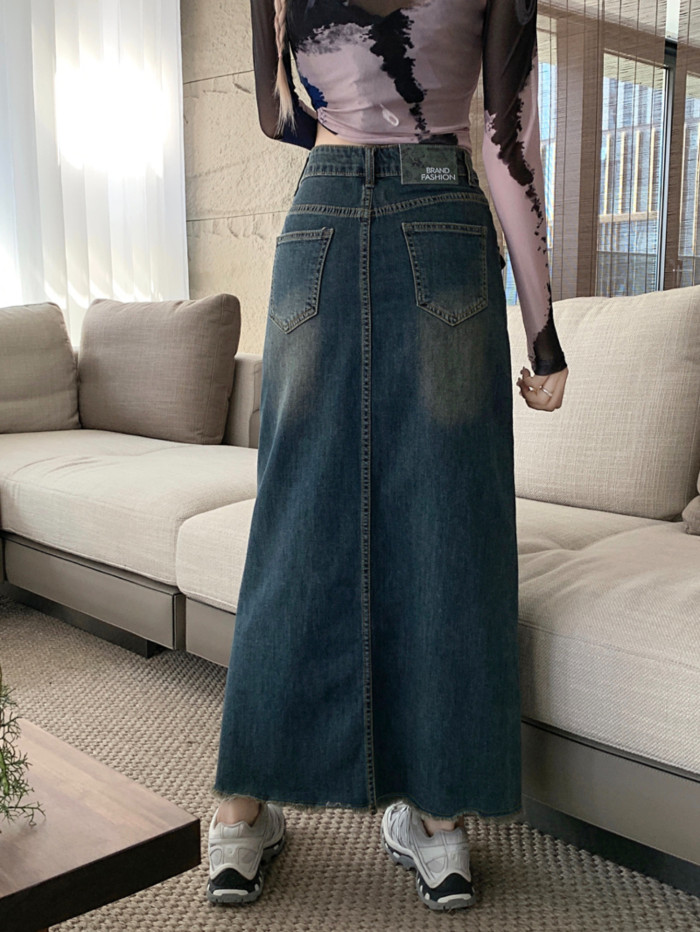 Flap Pocket Raw Hem Distressed Washed Denim Skirt, Retro Slash Pocket Maxi Denim Skirt, Women's Denim Jeans & Clothing