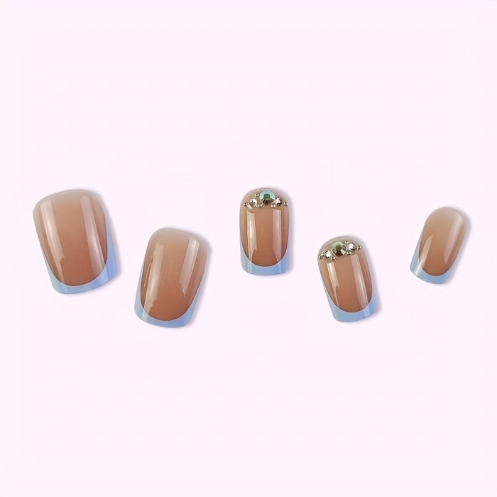 Pink Press On Nails Short Square French False Nails Full Cover Acrylic Fake Nails With Blue Tip And Artificial Rhinestones Design, Glossy False Nails For Women And Girls