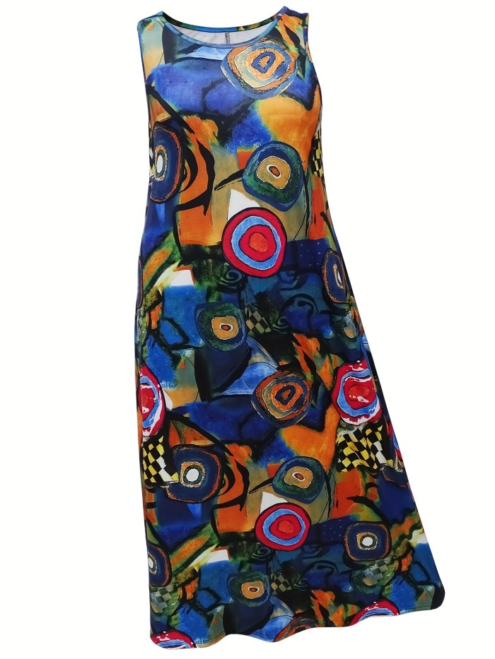 Plus Size Casual Tank Dress, Women's Plus Abstract Painting Print Round Neck Medium Stretch Maxi Tank Dress