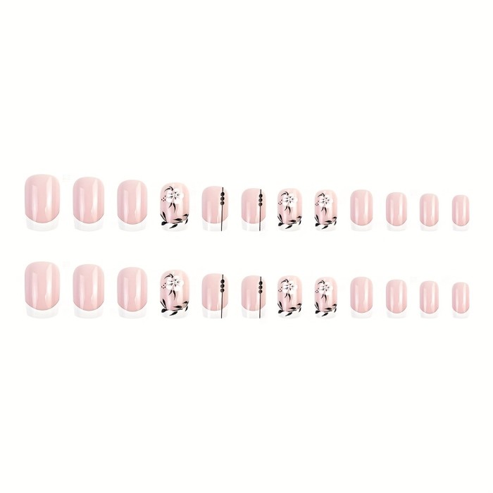 Y2K French Tip Press On Nails Short Square Fake Nails, Nude False Nails With Flower Design Glossy Stick On Nails For Women