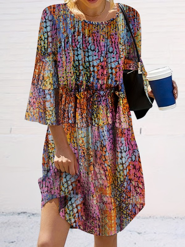 Plus Size Casual Dress, Women's Plus Painting Half Sleeve Round Neck Mini Tee Dress