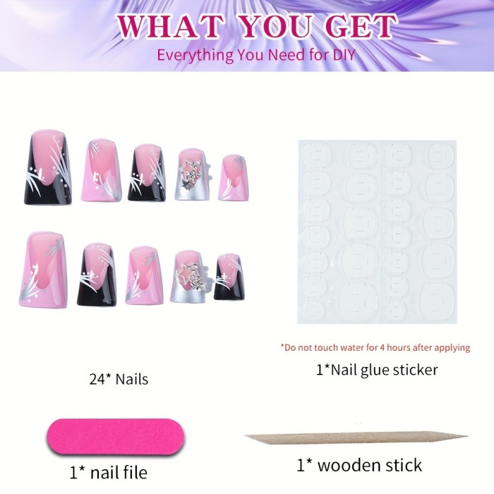 24pcs\u002Fset Glossy Medium Duck Shape Fake Nails, Pinkish And White Gradient Press On Nails, Rhinestone With Design Elegant False Nails For Women Girls