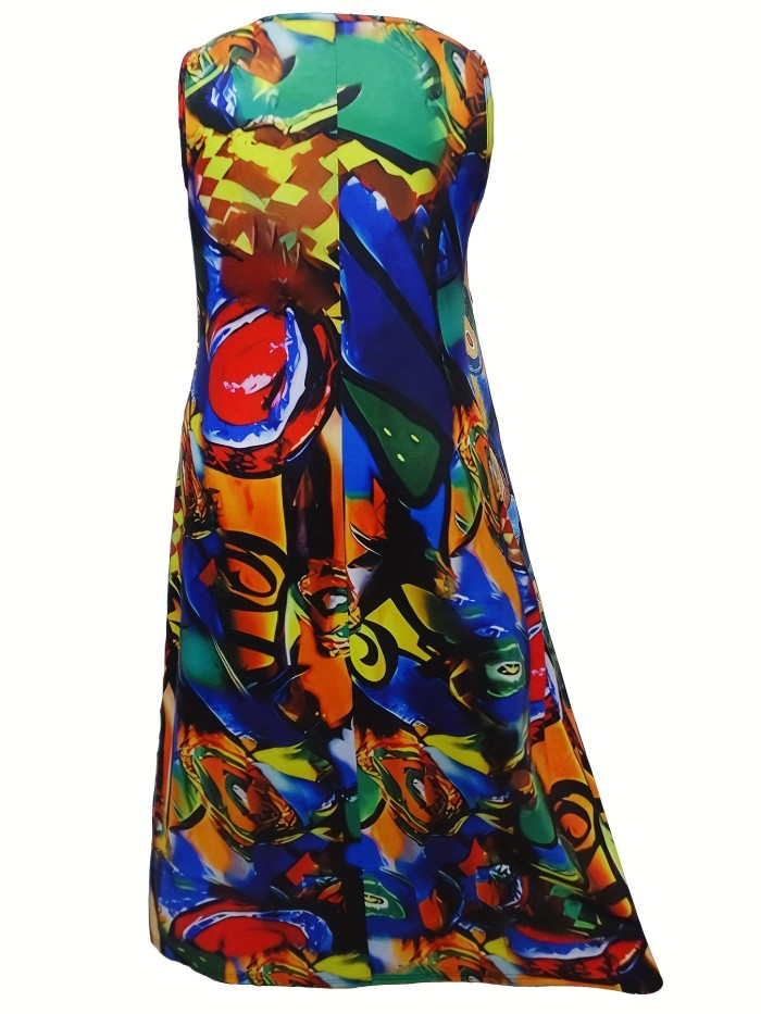 Plus Size Casual Tank Dress, Women's Plus Abstract Painting Print Round Neck Medium Stretch Maxi Tank Dress