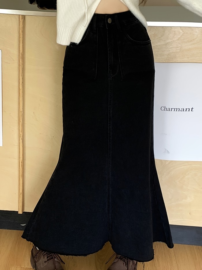 Raw Hem Plain Trumpet Denim Skirt, Casual High Rise Elegant Mermaid Fishtail Maxi Denim Skirt, Women's Denim Jeans & Clothing