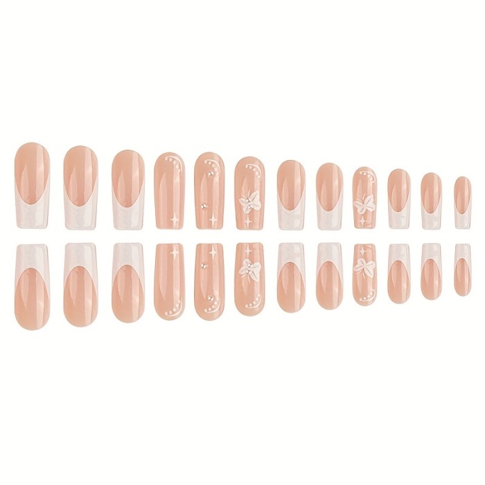 24pcs Press On Nails Long Coffin Fake Nails Nude False Nails With White Pearls Butterfly Design, Acrylic Nails With 1 Jelly Glue And 1 Nail File For Women