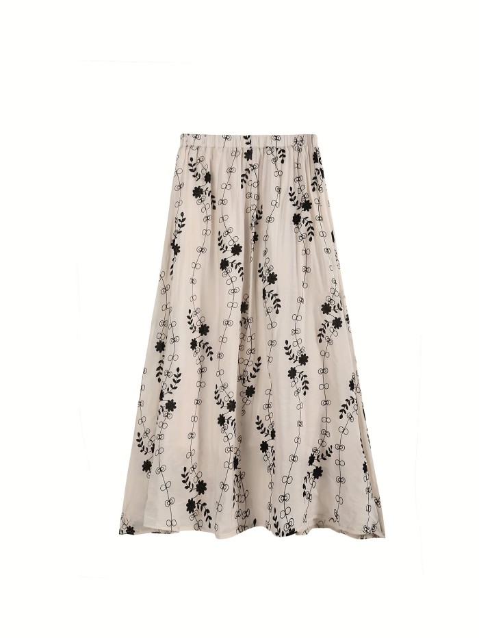 Floral Print High Waist Skirt, Elegant Ruffle Hem Midi Skirt For Spring & Summer, Women's Clothing