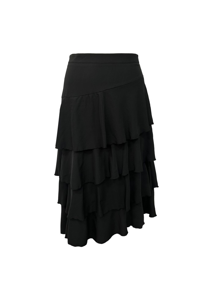 Plus Size Layered Ruffle Trim Solid Skirt, Casual High Waist Midi Skirt, Women's Plus Size Clothing
