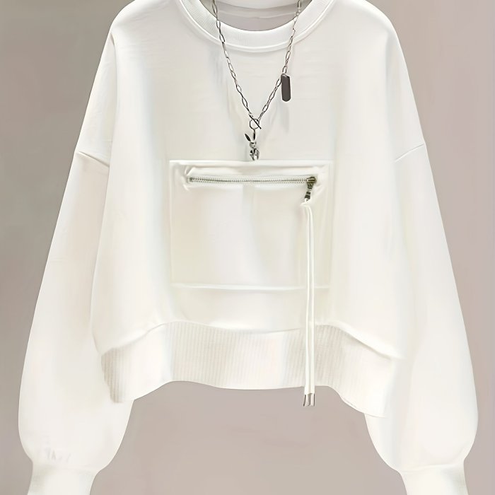 Solid Zip Front Pullover Sweatshirt, Casual Long Sleeve Crew Neck Sweatshirt For Fall & Winter, Women's Clothing