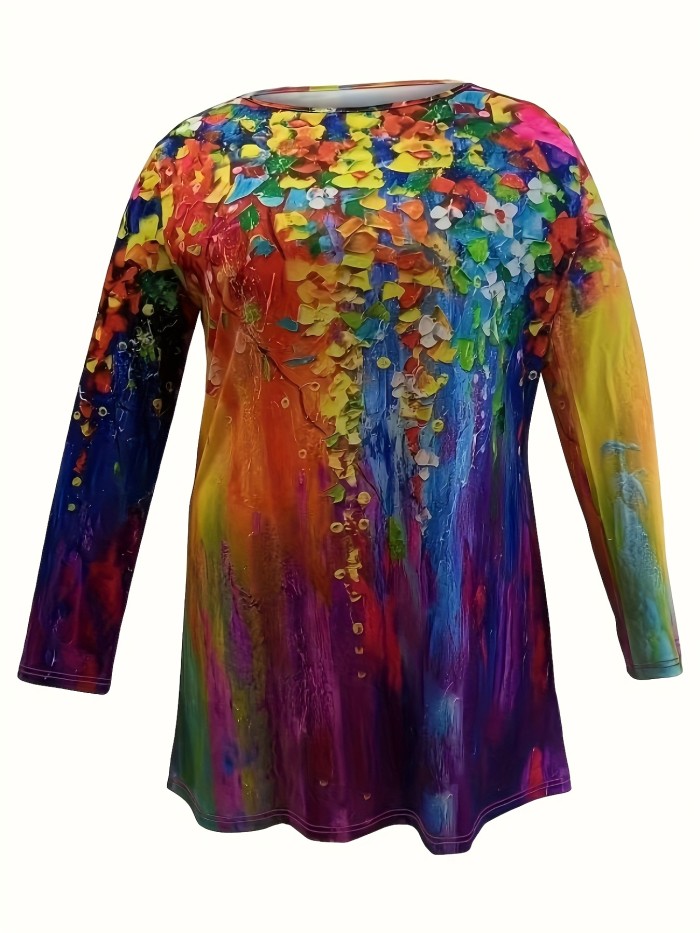 Plus Size Casual Dress, Women's Plus Floral Painting Print Long Sleeve Round Neck Tee Dress