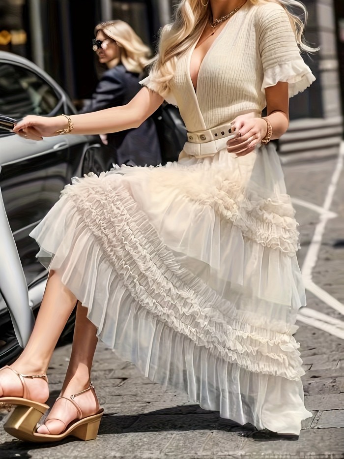 Elastic Waist Asymmetrical Skirt, Elegant Loose Skirt For Spring & Summer, Women's Clothing