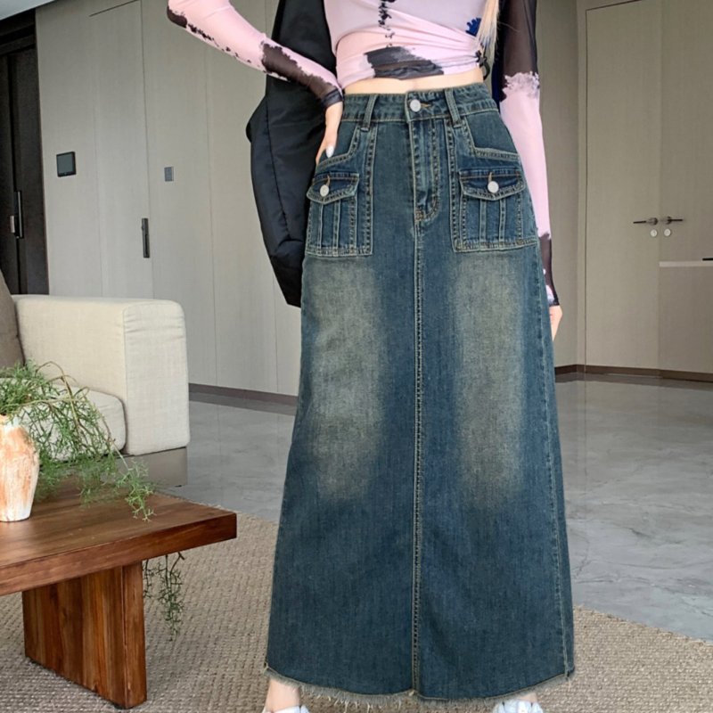 Flap Pocket Raw Hem Distressed Washed Denim Skirt, Retro Slash Pocket Maxi Denim Skirt, Women's Denim Jeans & Clothing